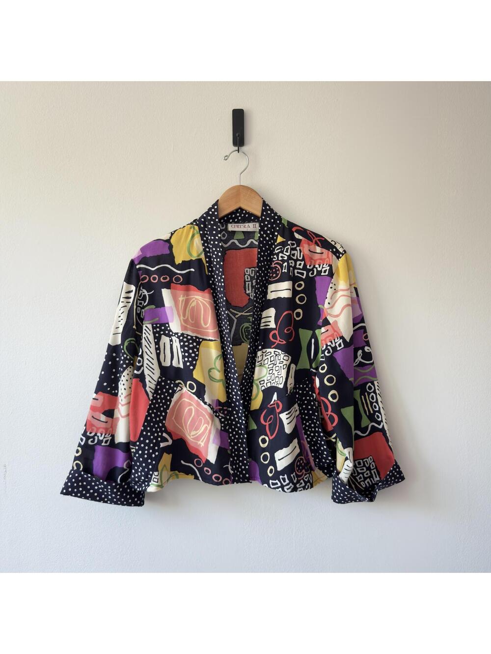 Chelsea II Altered Vintage Cropped Jacket Abstract Art Print Colorful Pockets